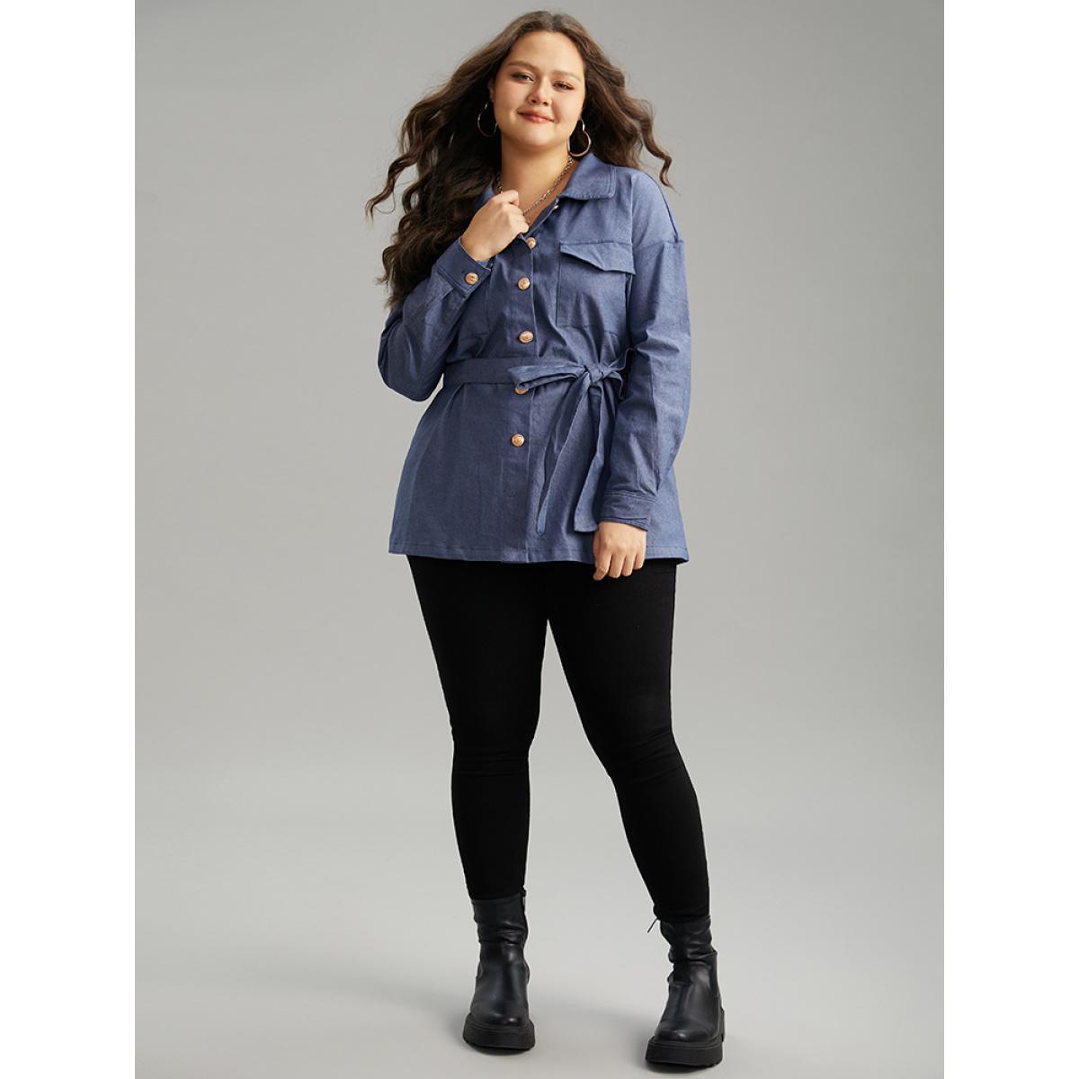 Plus Size Plain Ties Pocket Button Through Shacket Women Indigo Casual Plain Ladies Dailywear Winter Coats BloomChic 18-20/2X Product Image
