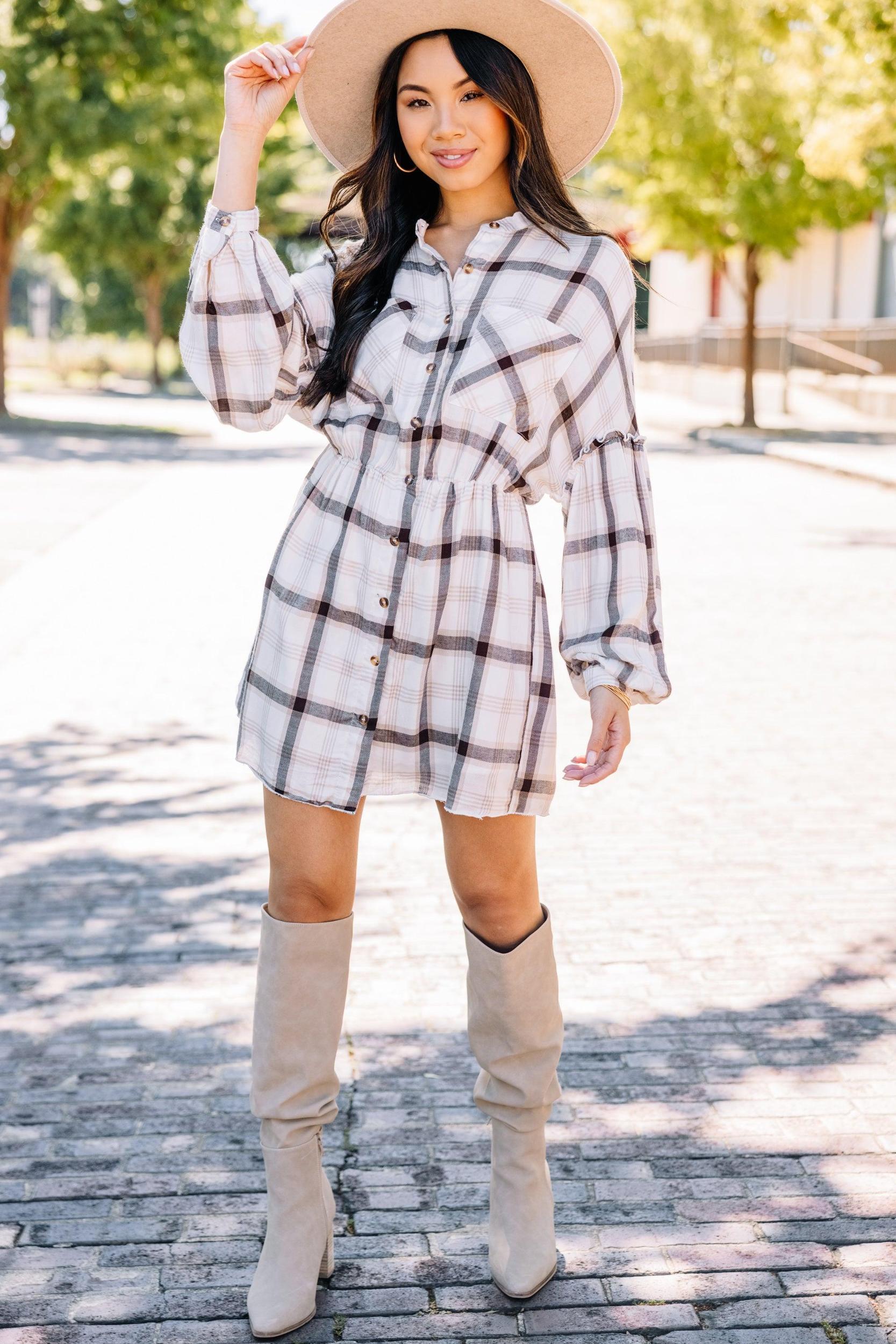Fall Experiences Off White Plaid Dress Female Product Image