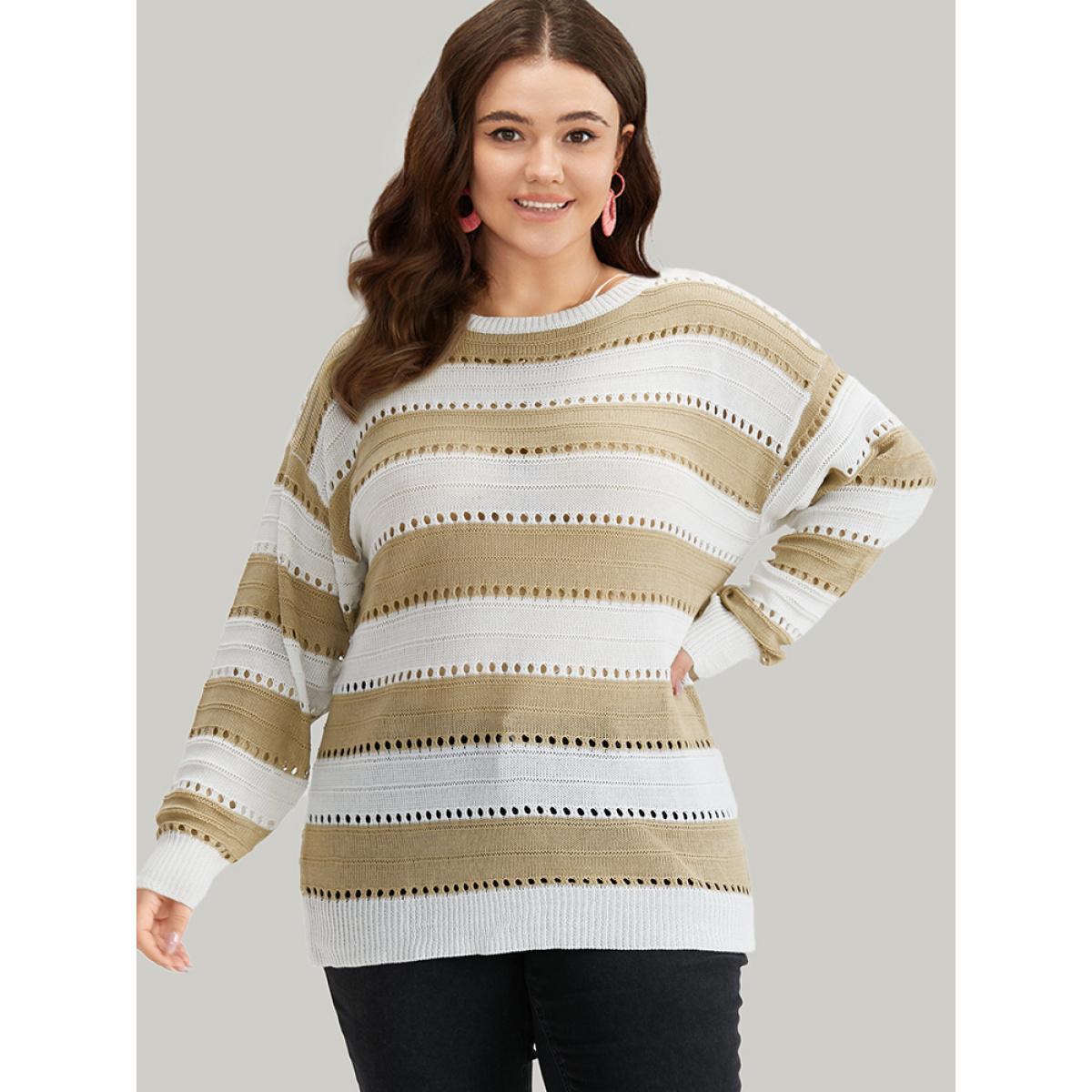 Plus Size Colorblock Contrast Drop Shoulder Elastic Cuffs Pullover Tan Women Casual Loose Long Sleeve Round Neck Everyday Pullovers BloomChic 14-16/1X Product Image