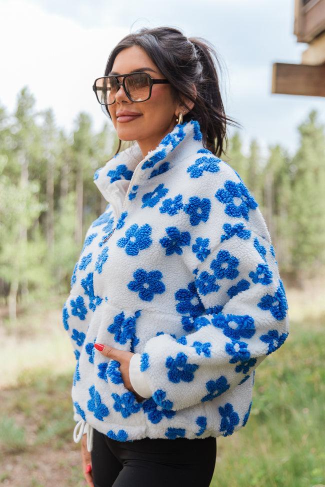 Playing For Keeps Blue and Ivory Floral Print Sherpa Pullover FINAL SALE Product Image