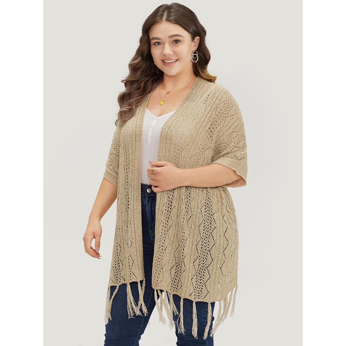 Plus Size Solid Fringe Trim Geometric Eyelet Batwing Sleeve Cardigan Tan Women Casual Loose Long Sleeve Dailywear Cardigans BloomChic 10/M Product Image