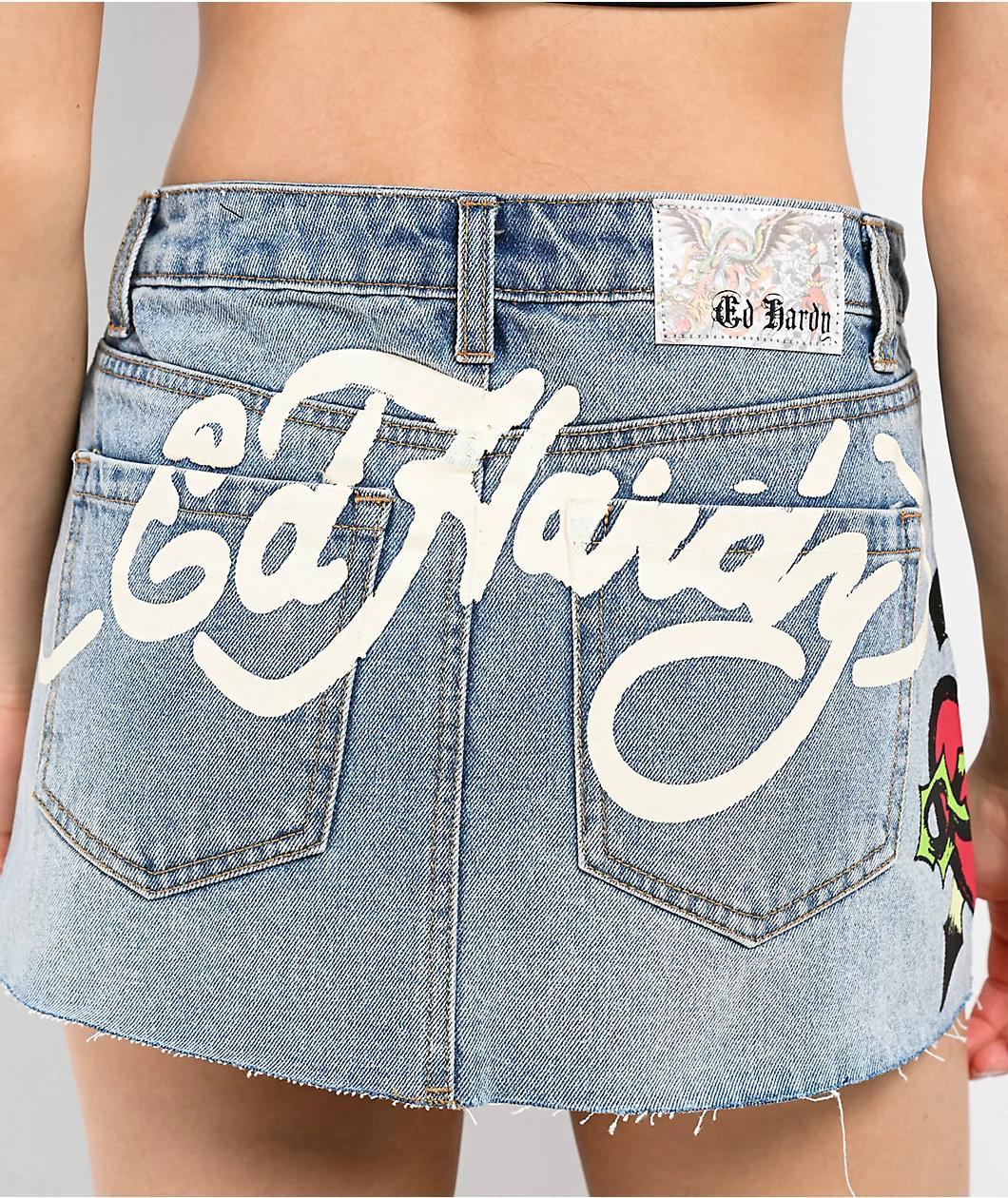 Ed Hardy Sacred Heart Light Wash Cutoff Mini Skirt Product Image