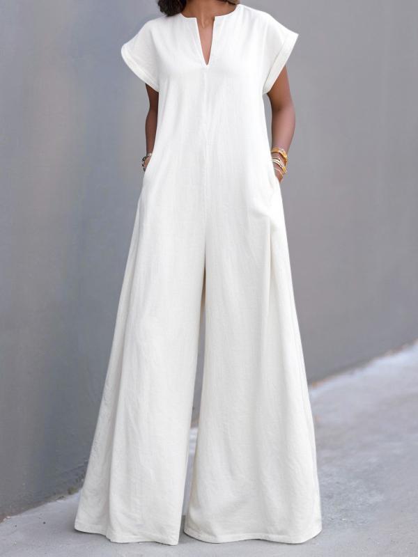 High Waisted Loose Pleated Pockets Solid Color V-Neck Jumpsuits Product Image