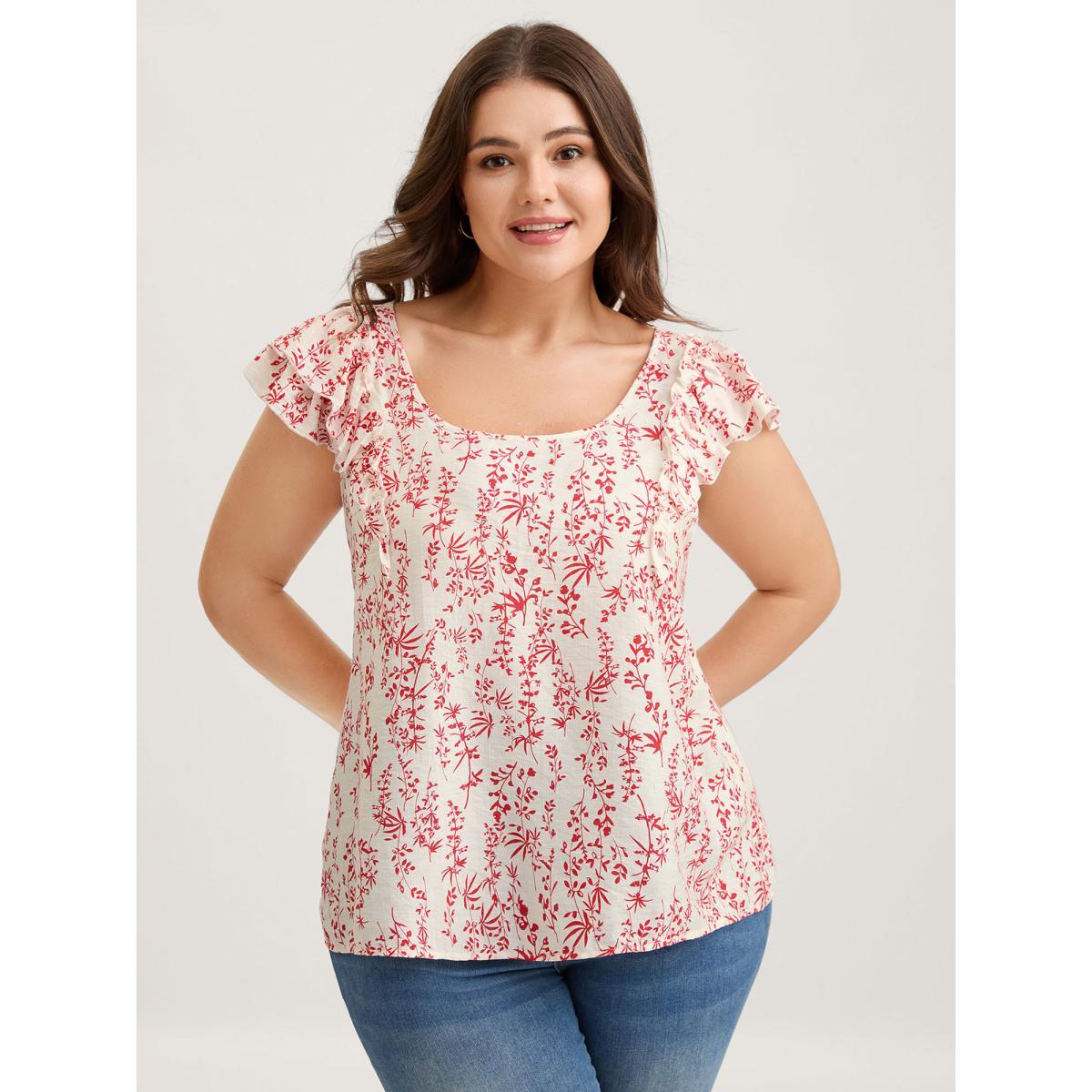Plus Size Brightred Sweet Floral Bow Back Flutter Blouse Women Cap Sleeve Square Neck Everyday-Elegant Blouses BloomChic 30/6X Product Image