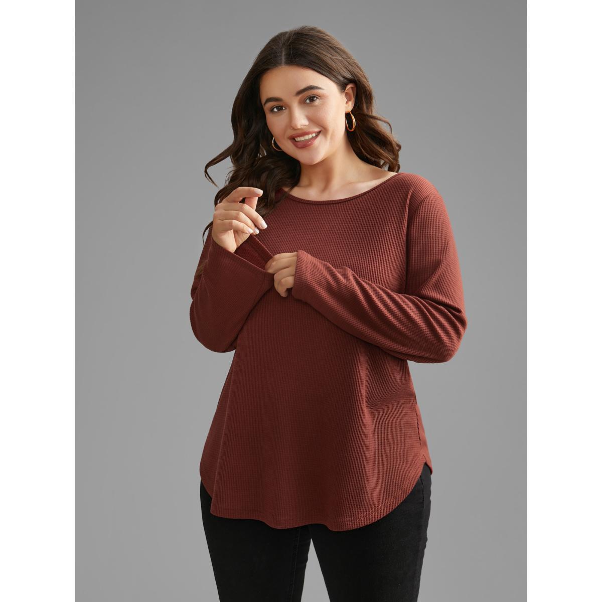 Plus Size Waffle Knit Button Detail Arc Hem T-shirt Rust Women Casual Texture Round Neck Everyday T-shirts BloomChic 30/6X Product Image