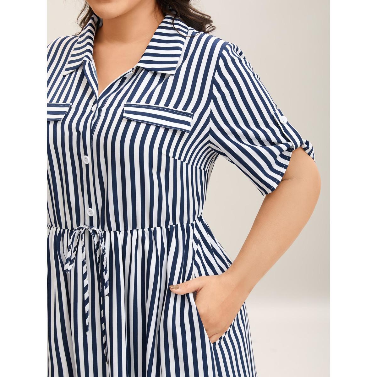 Plus Size Striped Print Waist-Tie Button Midi Dress Indigo Women Shirt collar Half Sleeve Curvy BloomChic 14-16/1X Product Image