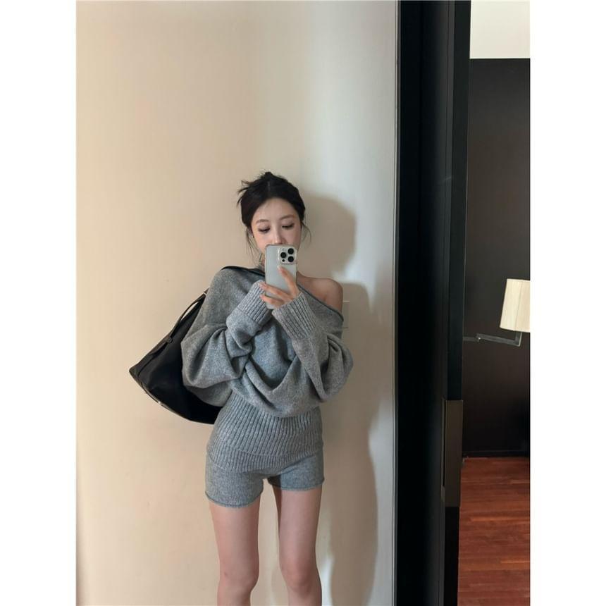 Set: Off-Shoulder Plain Oversized Sweater + High Waist Knit Hot Pants Product Image