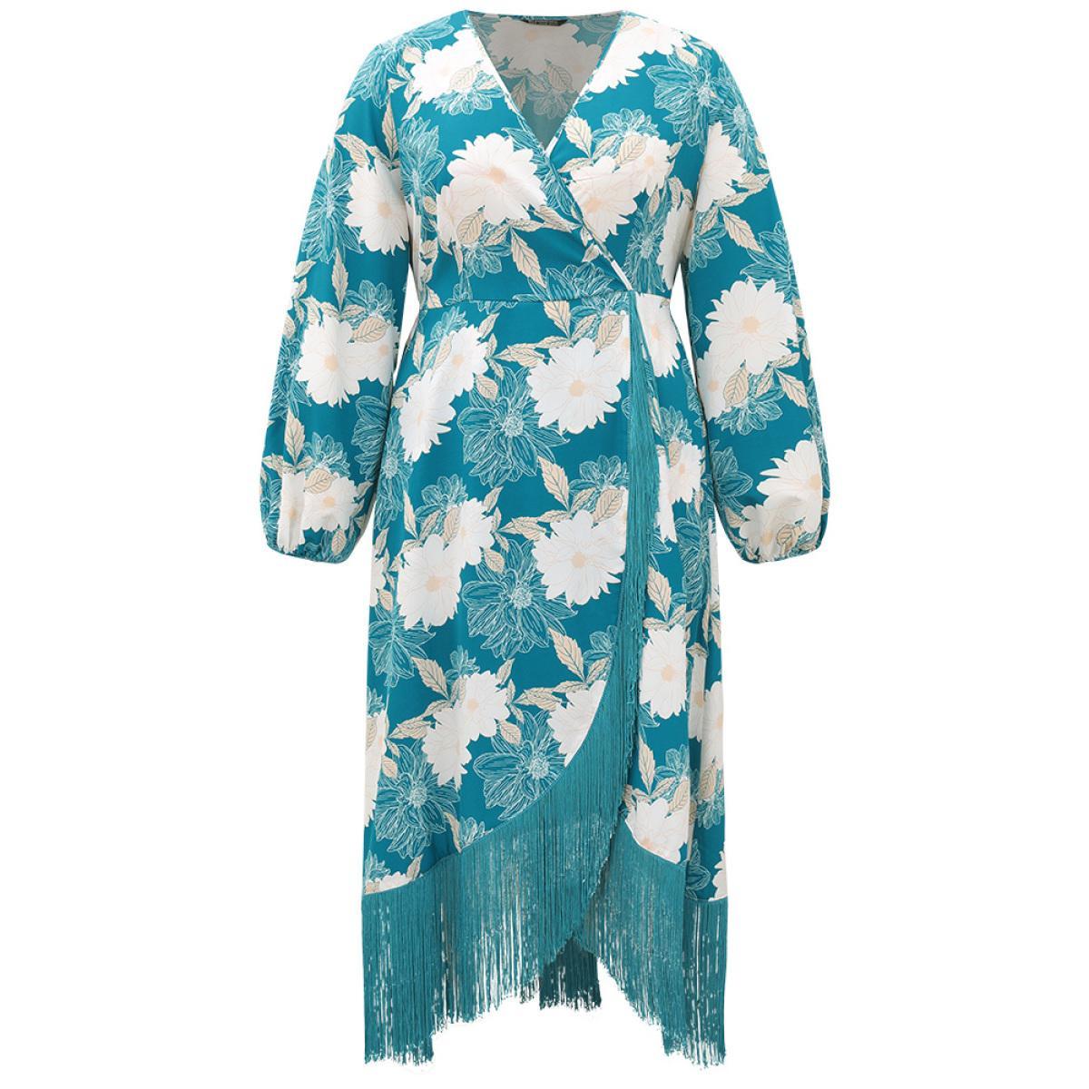 Plus Size Floral Print Wrap Tassel Trim Lantern Sleeve Dress Cerulean Women Elegant Elastic cuffs V-neck Long Sleeve Curvy Midi Dress BloomChic 14-16/1X Product Image