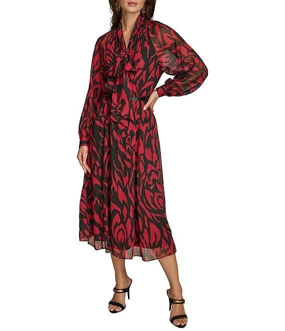 Donna Karan Metallic Chiffon Tie Neck A-Line Midi Dress Product Image