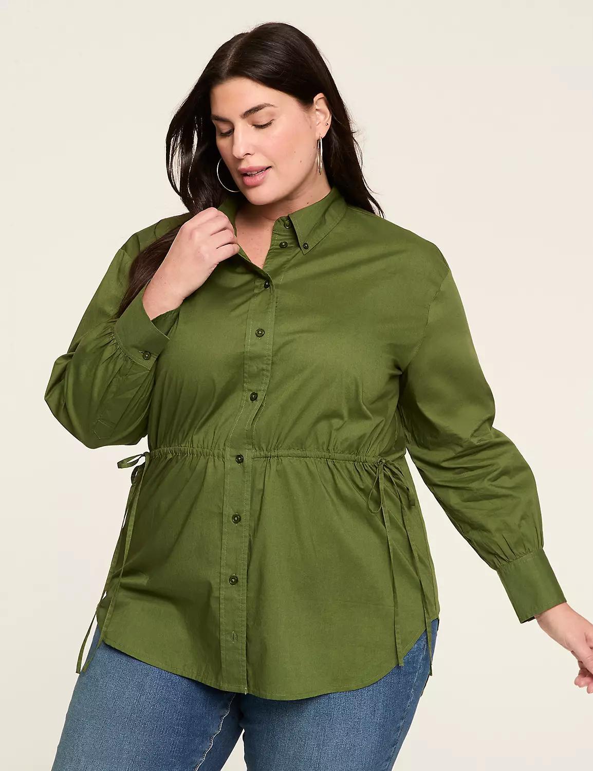 Relaxed Button-Down Waist-Detail Tunic Shirt Product Image