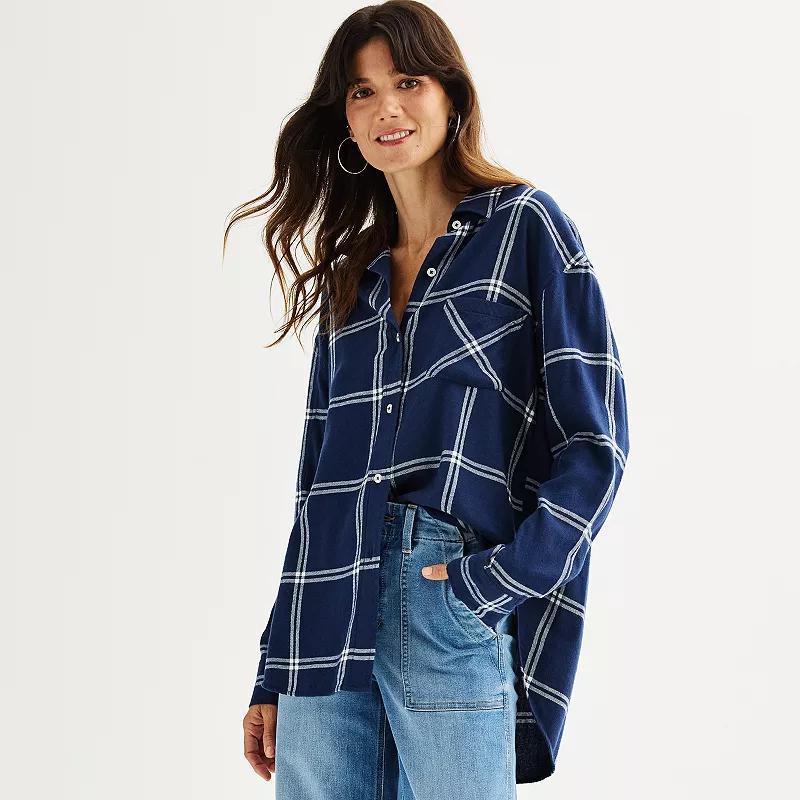 Petite Sonoma Goods For Life® Oversized Boyfriend Flannel, Women's, Size: Large Petite, Moss Green Plaid Product Image