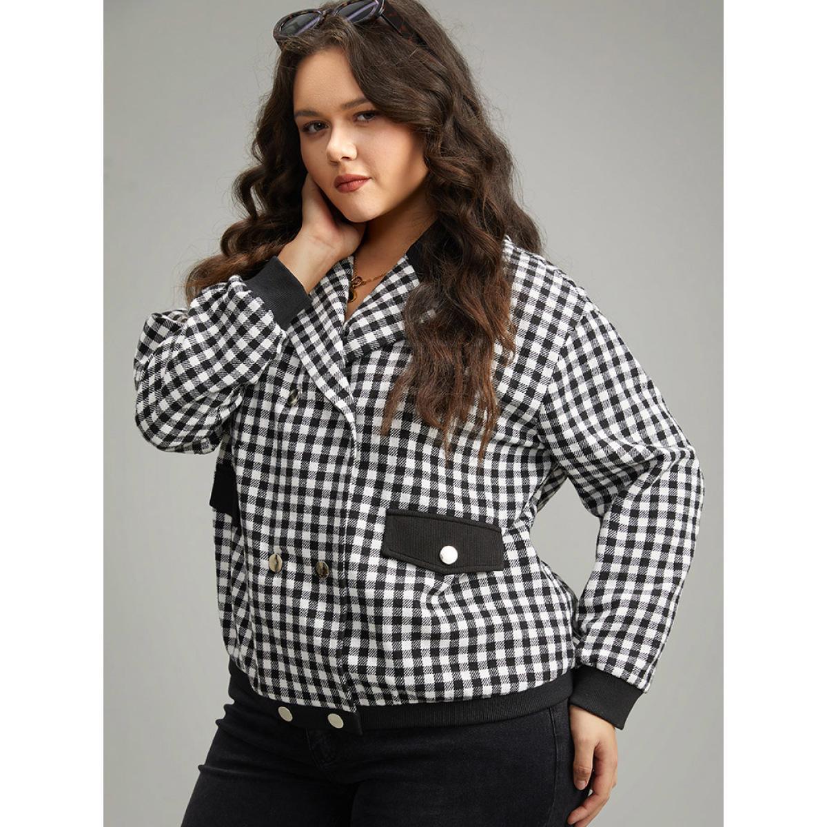 Plus Size Gingham Patchwork Double Breasted Jacket Women Black Elastic cuffs Dailywear Jackets BloomChic 28/5X Product Image