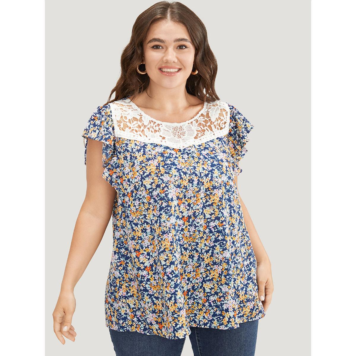 Plus Size Indigo Ditsy Floral Ruffle Sleeve Contrast Lace Blouse Women Elegant Short sleeve Round Neck Dailywear Blouses BloomChic 18-20/2X Product Image