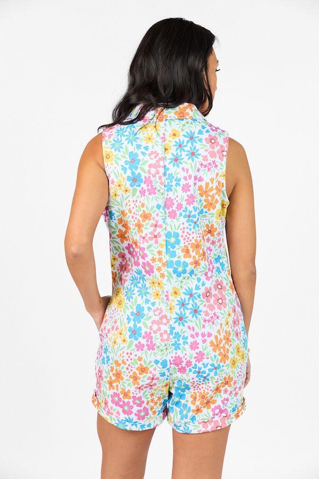 A Lesson Learned Multi Zipper Front Floral Denim Romper Product Image