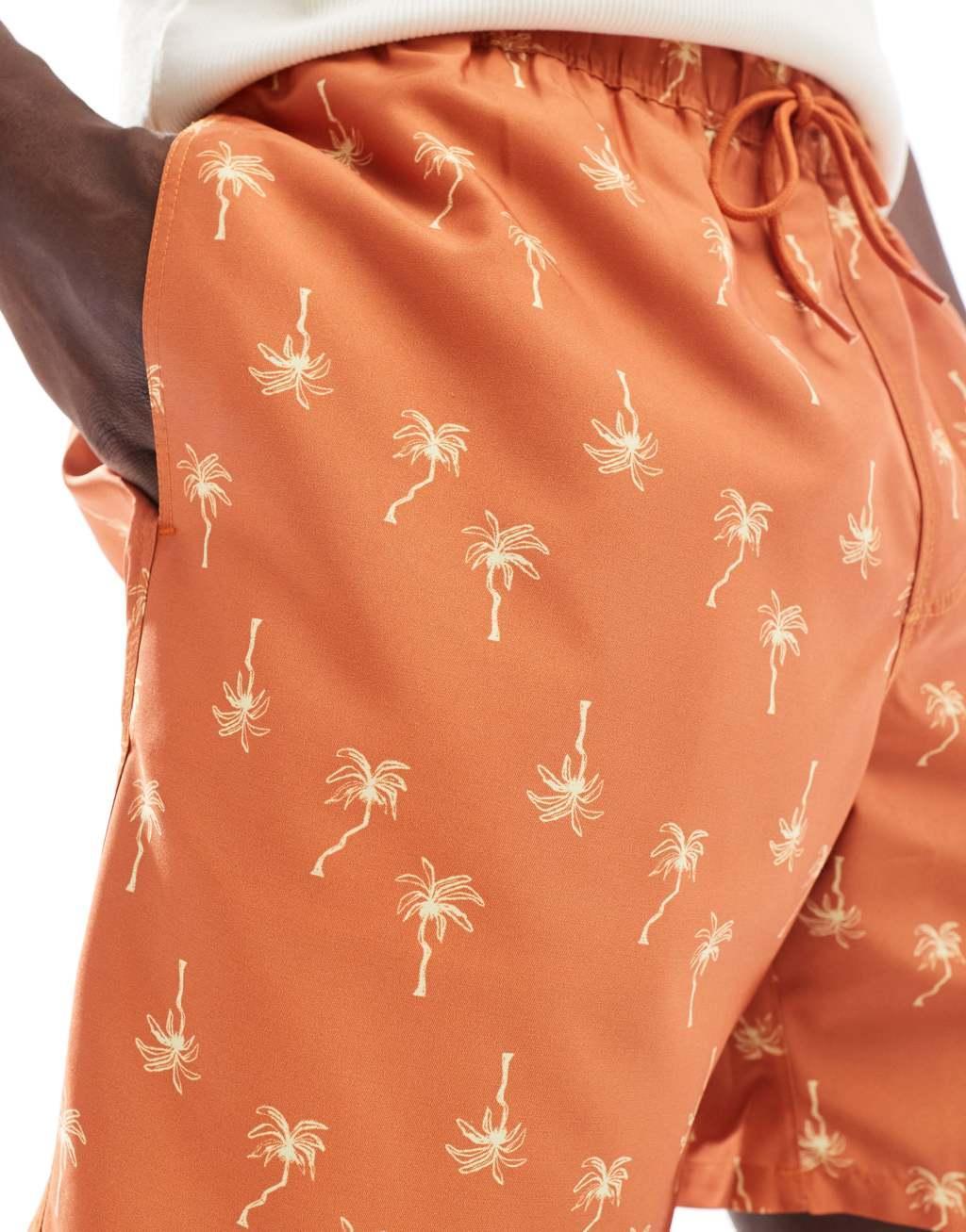 ASOS DESIGN swim shorts in mid length in orange palm tree print  Product Image