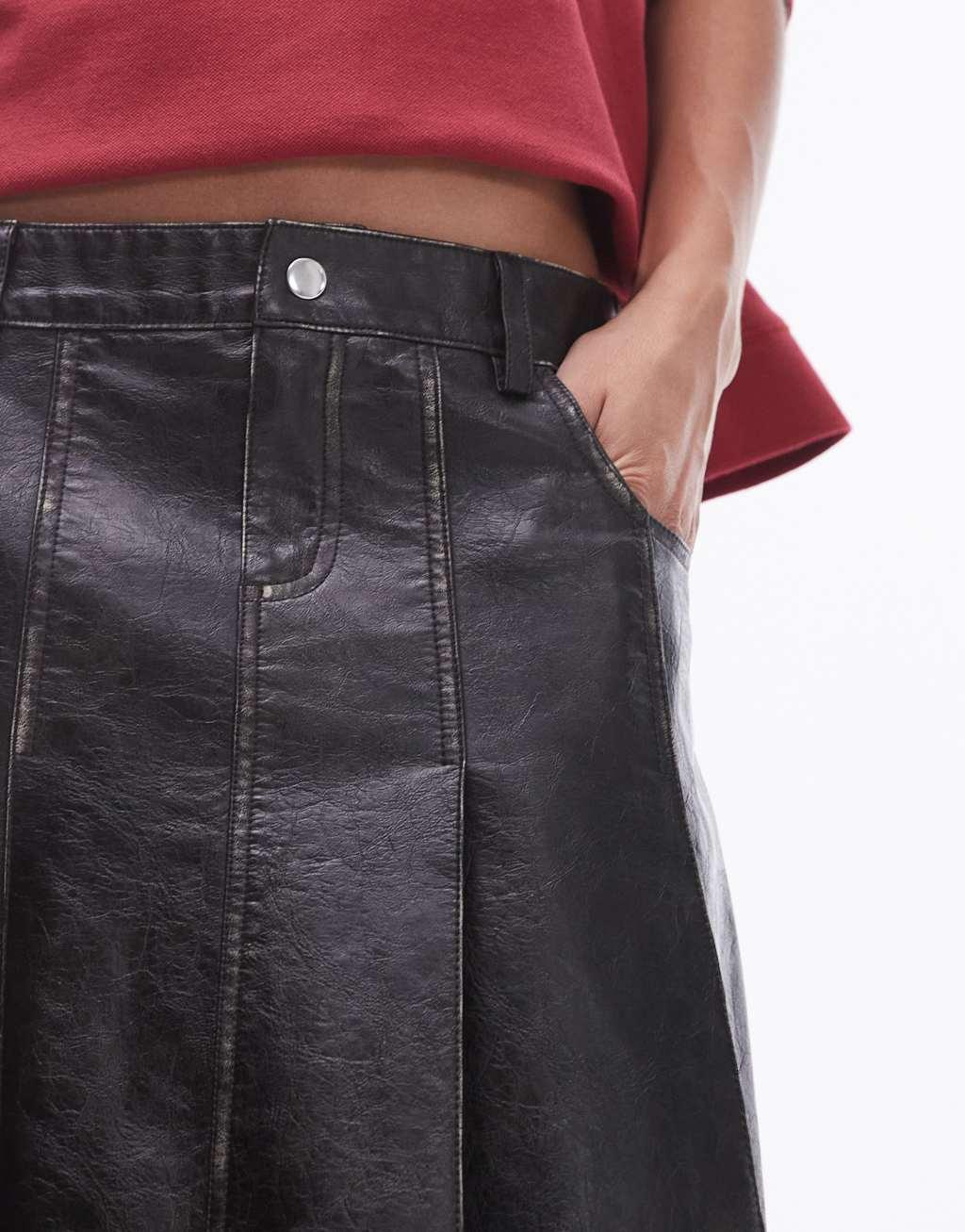 Topshop faux leather pleated 90s length skirt in washed dark brown  Product Image