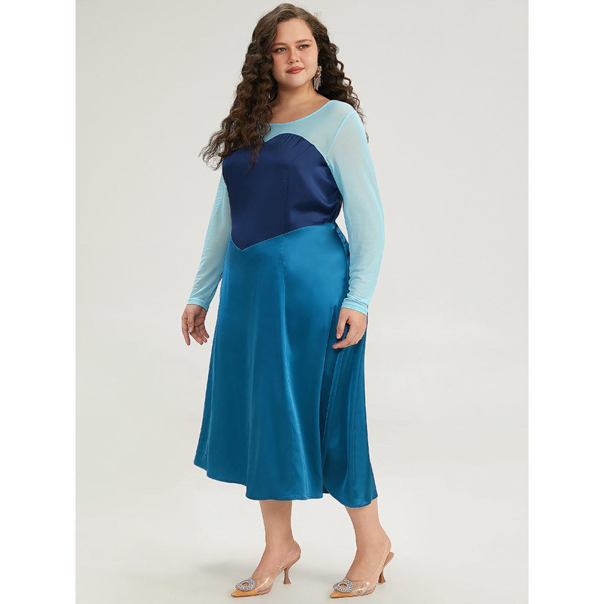 Plus Size Halloween Contrast Patchwork Mesh Dress Aegean Women Elegant See through Round Neck Long Sleeve Curvy Midi Dress BloomChic 18-20/2X Product Image