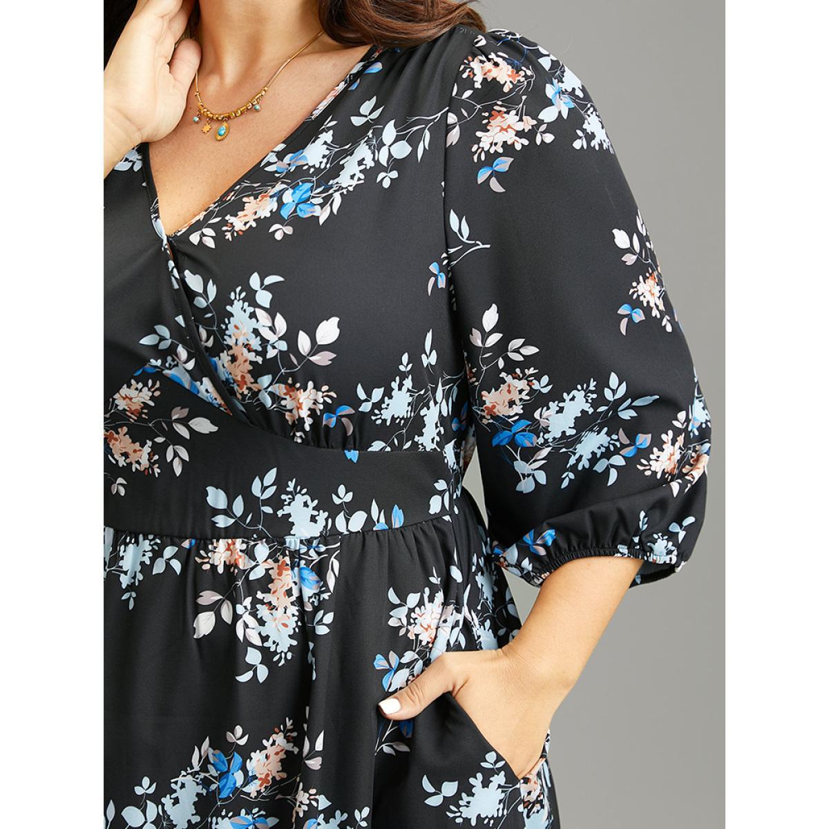 Plus Size Floral Wrap Gathered Lantern Sleeve Dress Multicolor Women Vacation Elastic cuffs Overlap Collar Elbow-length sleeve Curvy Midi Dress BloomChic 26/4X Product Image