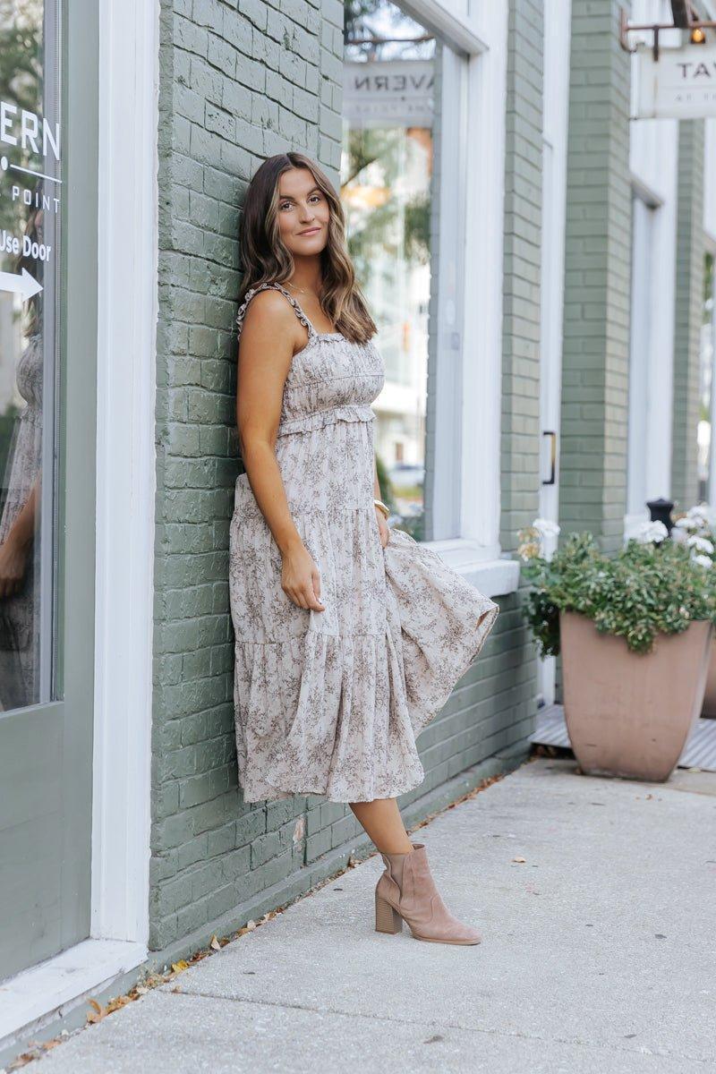 Taupe Print Tiered Midi Dress - FINAL SALE Product Image