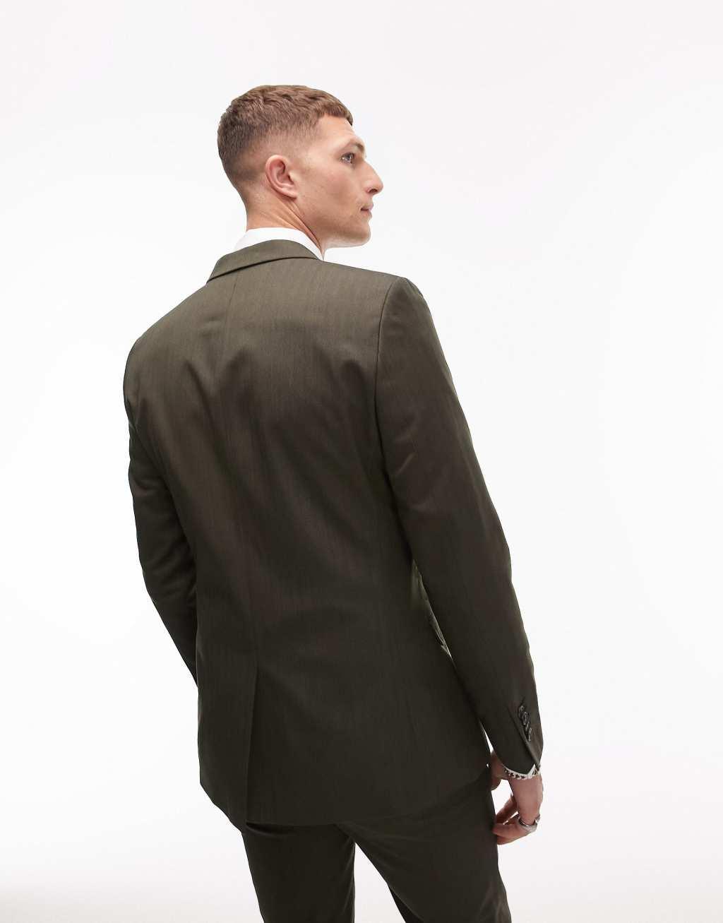 Topman skinny herringbone suit jacket in khaki Product Image