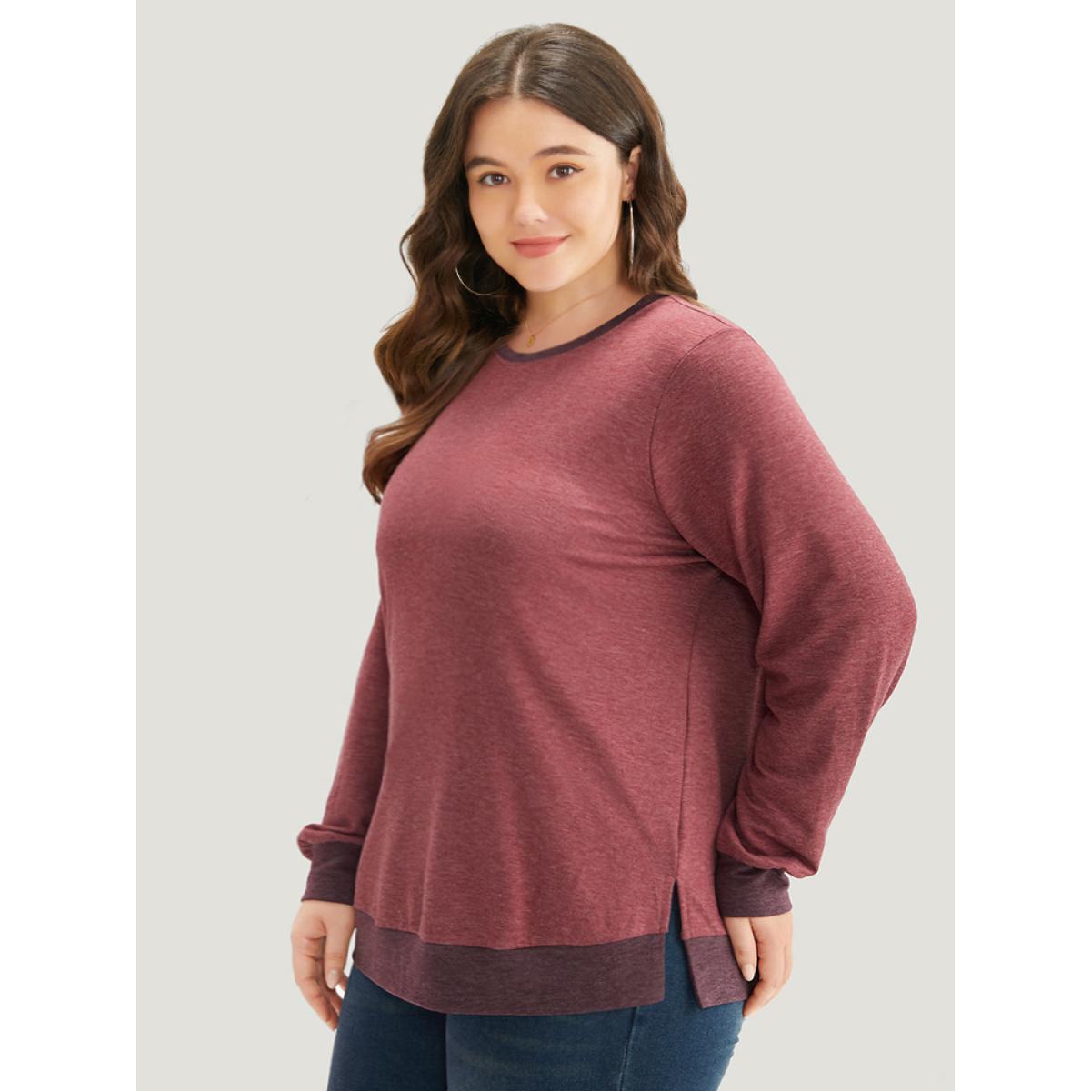 Plus Size Two Tone Split Side Sweatshirt Women Russet Casual Elastic cuffs Round Neck Dailywear Sweatshirts BloomChic 26/4X Product Image