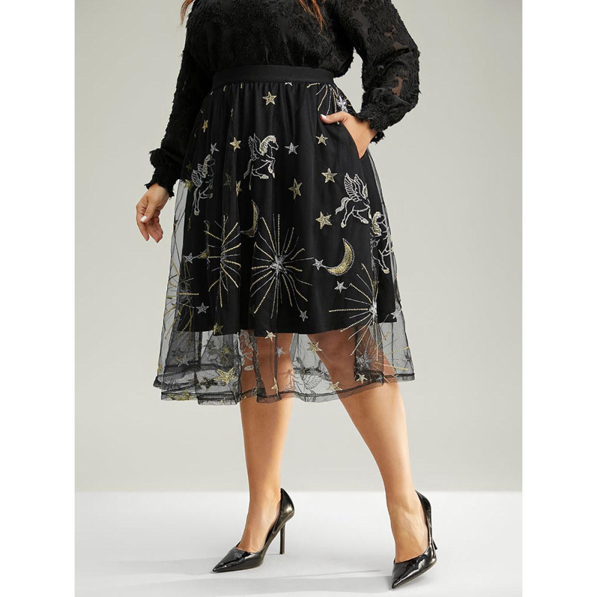 Plus Size Moon & Star Mesh Embroidered Pocket Skirt Women Black Party Lined No stretch Pocket Going out Skirts BloomChic 22-24/3X Product Image