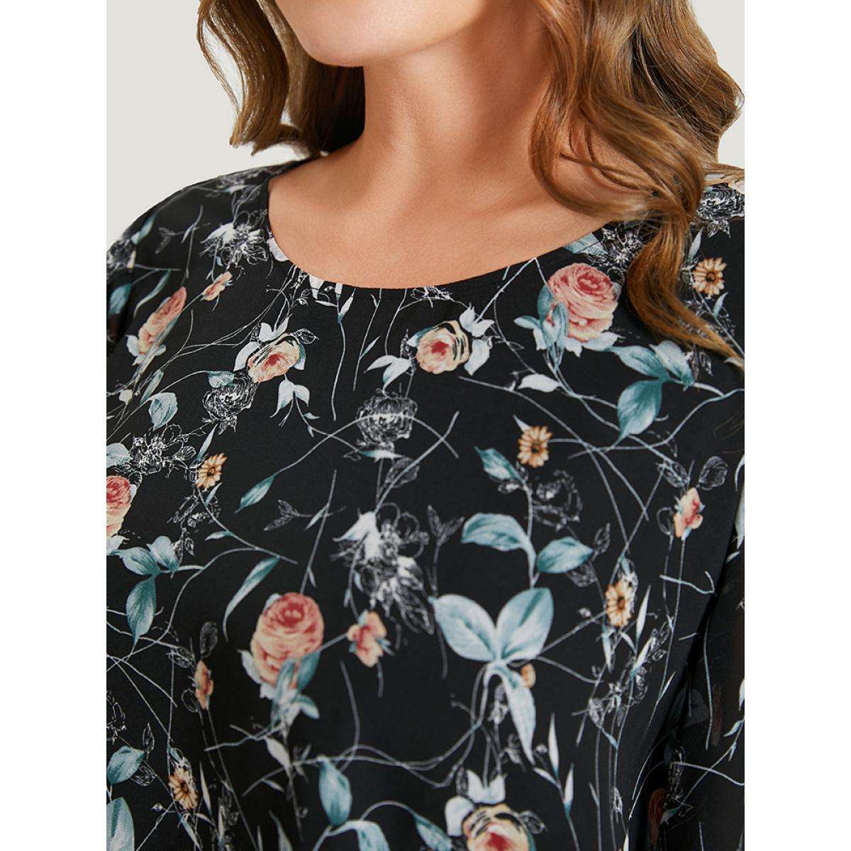 Plus Size Black Floral Split Sleeve Chiffon Blouse Women Elegant Short sleeve Round Neck Dailywear Blouses BloomChic 18-20/2X Product Image