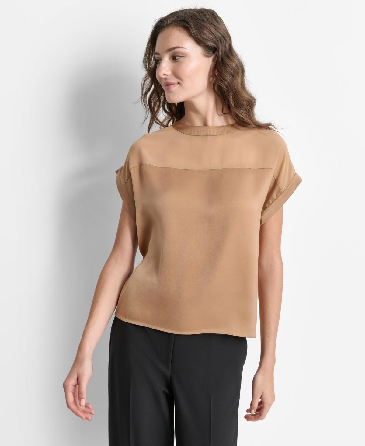 Dkny Womens Mixed-Media Extended-Shoulder Blouse Product Image