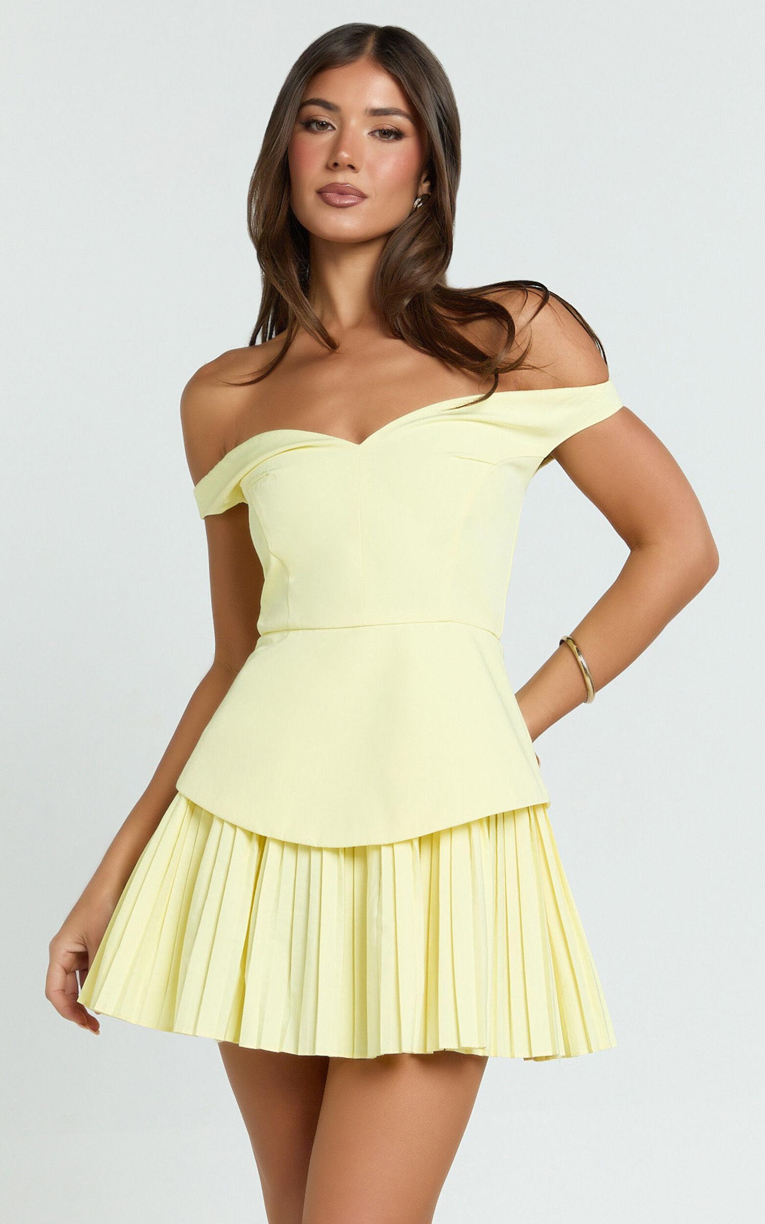 Izara Mini Dress - Off Shoulder Pleated Dress in Lemon Product Image