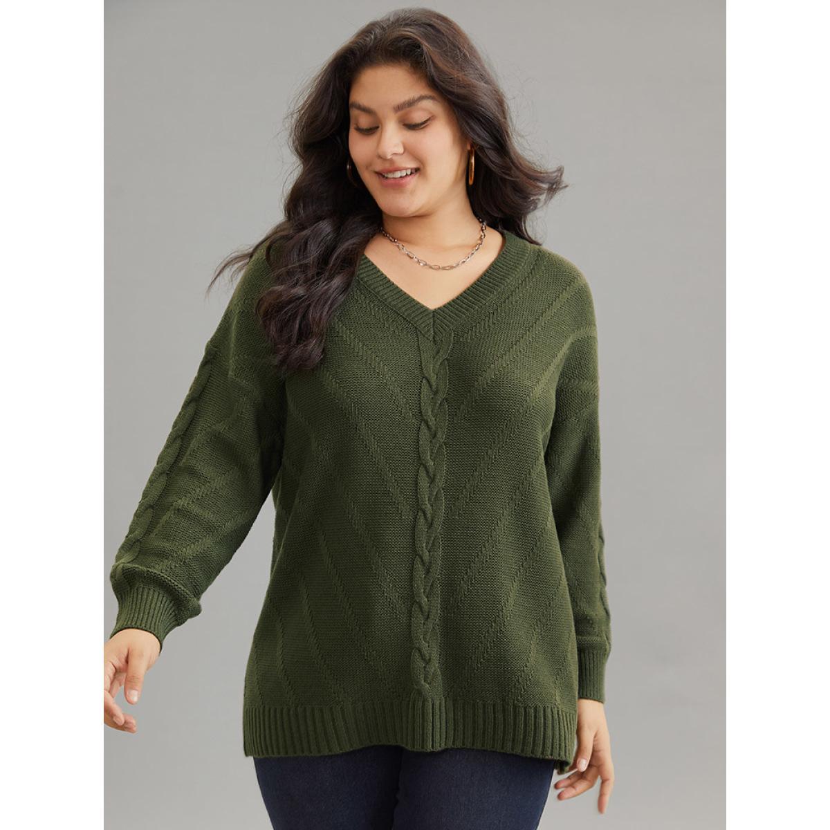 Plus Size Cable Knit Plisse Moderately Stretchy Pullover ArmyGreen Women Casual Loose Long Sleeve V-neck Dailywear Pullovers BloomChic 30/6X Product Image