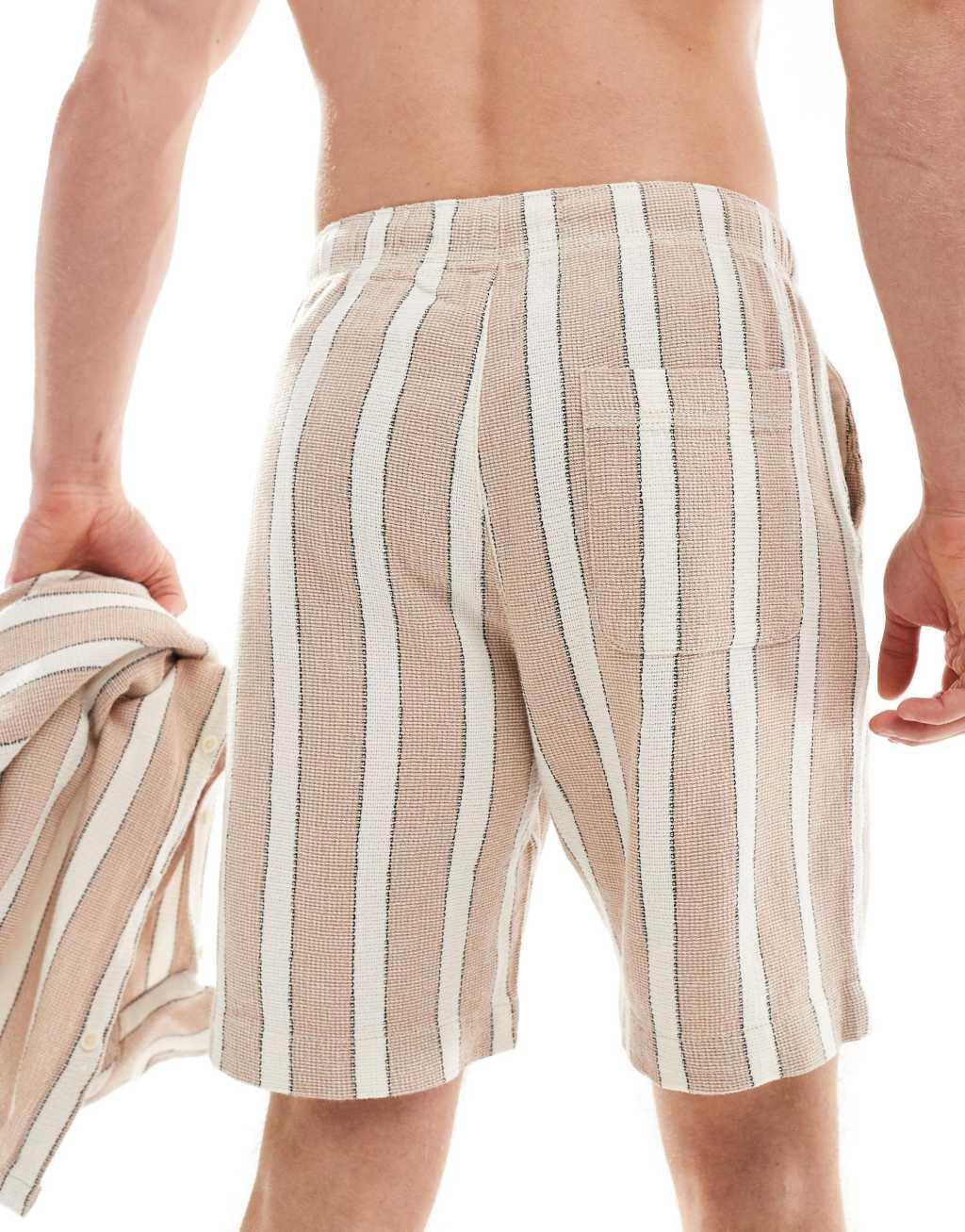Bershka textured striped shorts in sand - part of a set Product Image