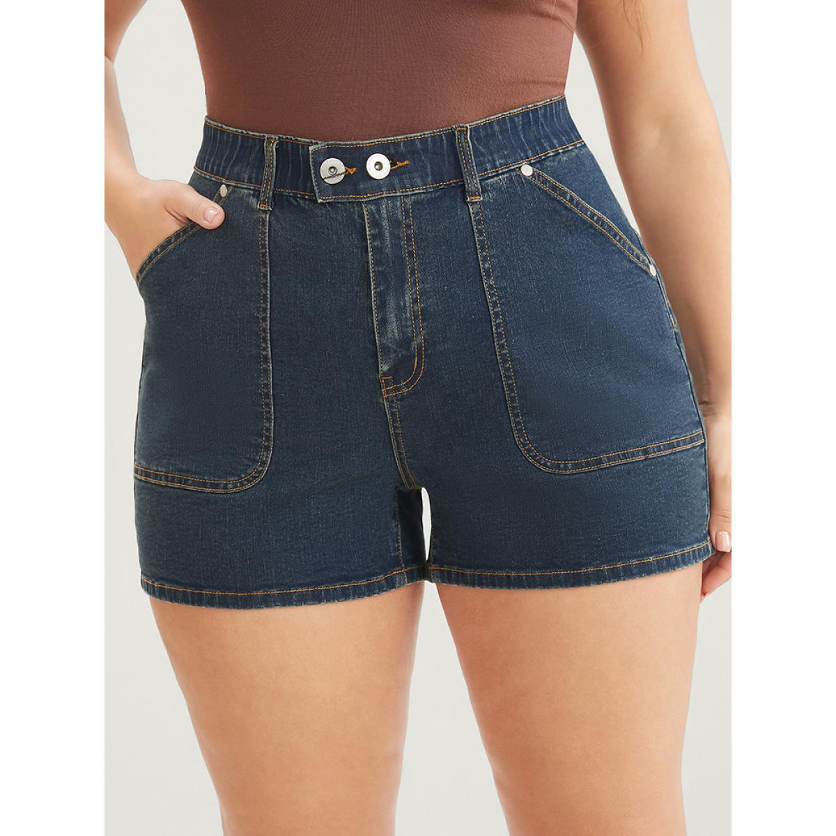 Plus Size Very Stretchy Dark Wash Pocket Denim Shorts Women Indigo Casual Plain High stretch Pocket Jeans BloomChic 30/6X Product Image