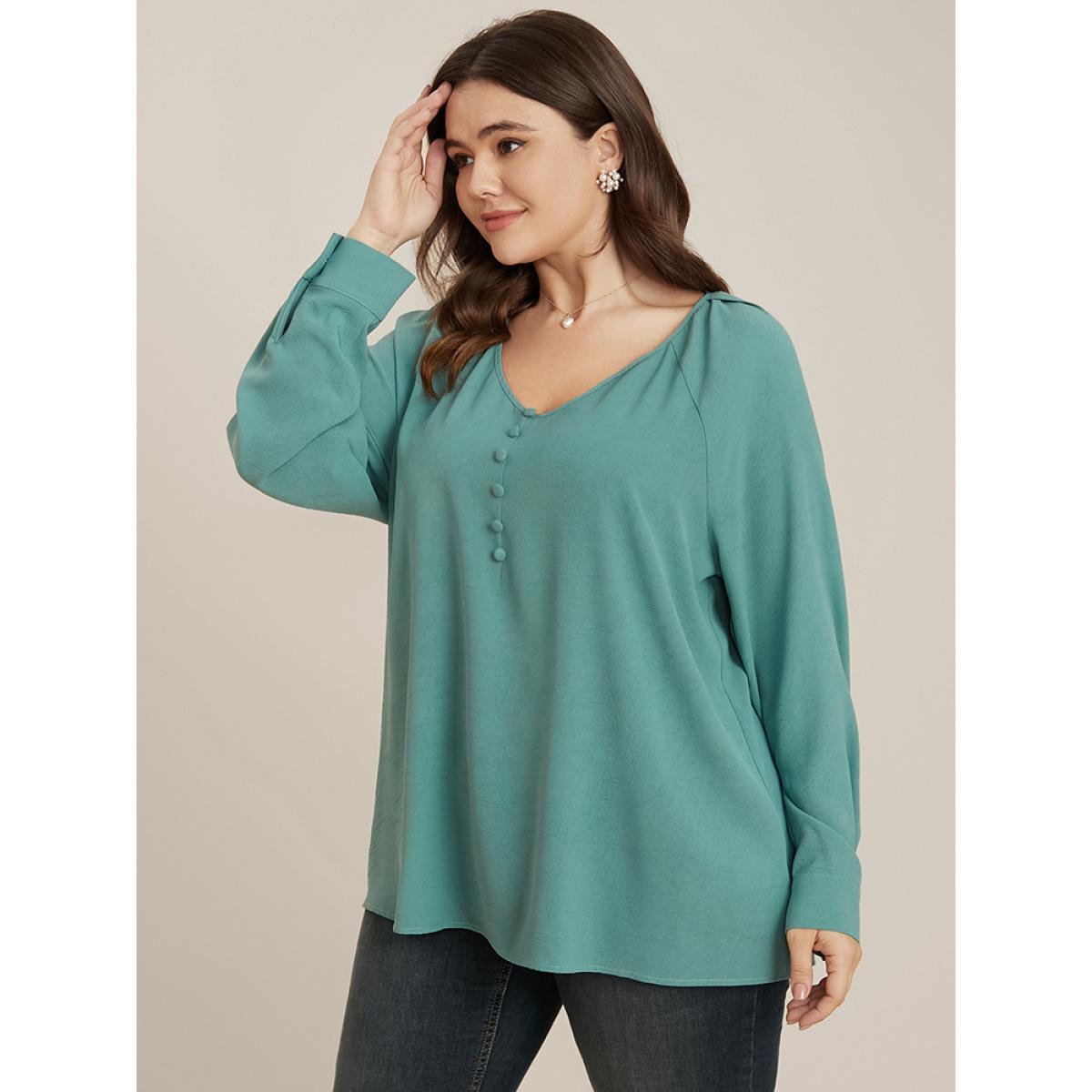 Plus Size Mint Solid V Neck Button Detail Blouse Women Office Long Sleeve V-neck Work Blouses BloomChic 22-24/3X Product Image