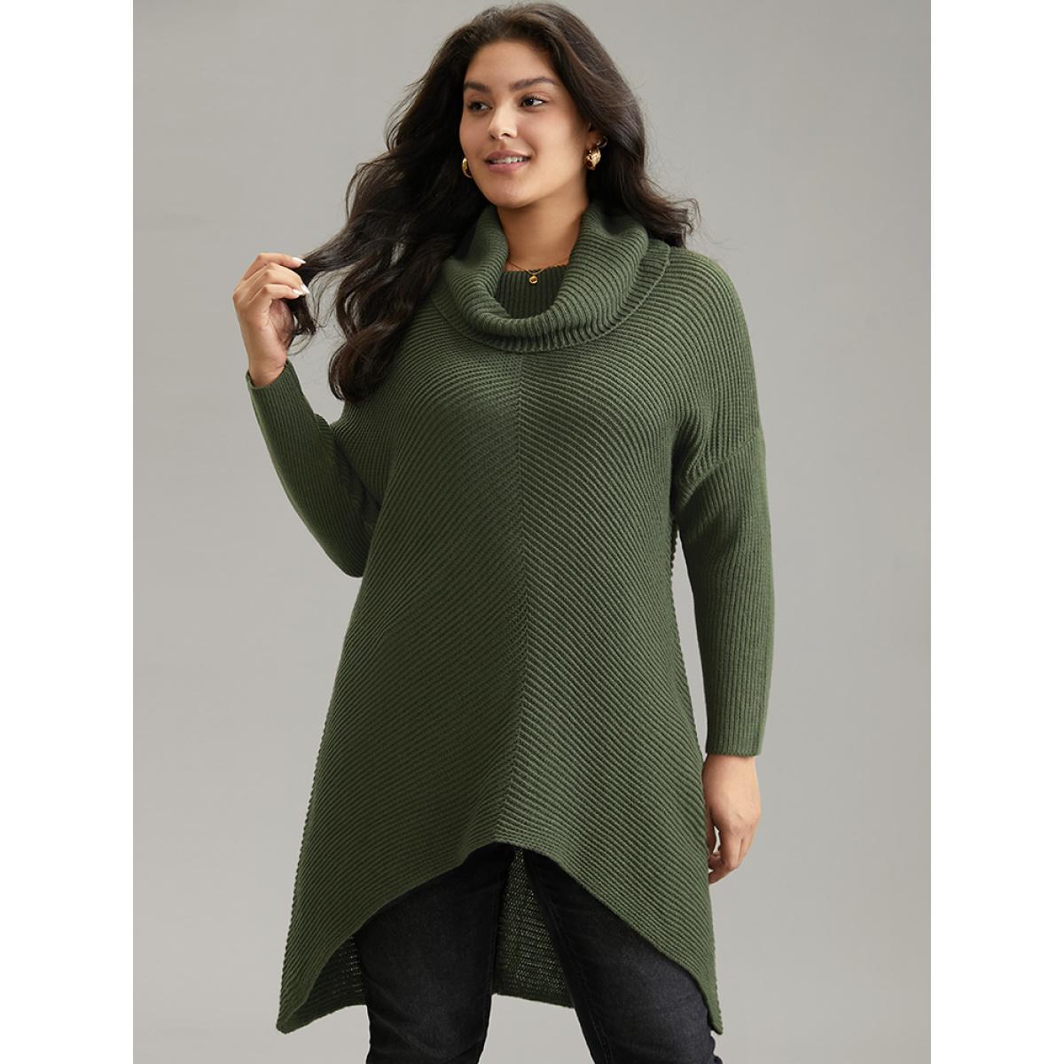 Plus Size Turtle Neck Plain Asymmetrical Hem Drop Shoulder Pullover ArmyGreen Women Casual Loose Long Sleeve Turtleneck Dailywear Pullovers BloomChic 18-20/2X Product Image