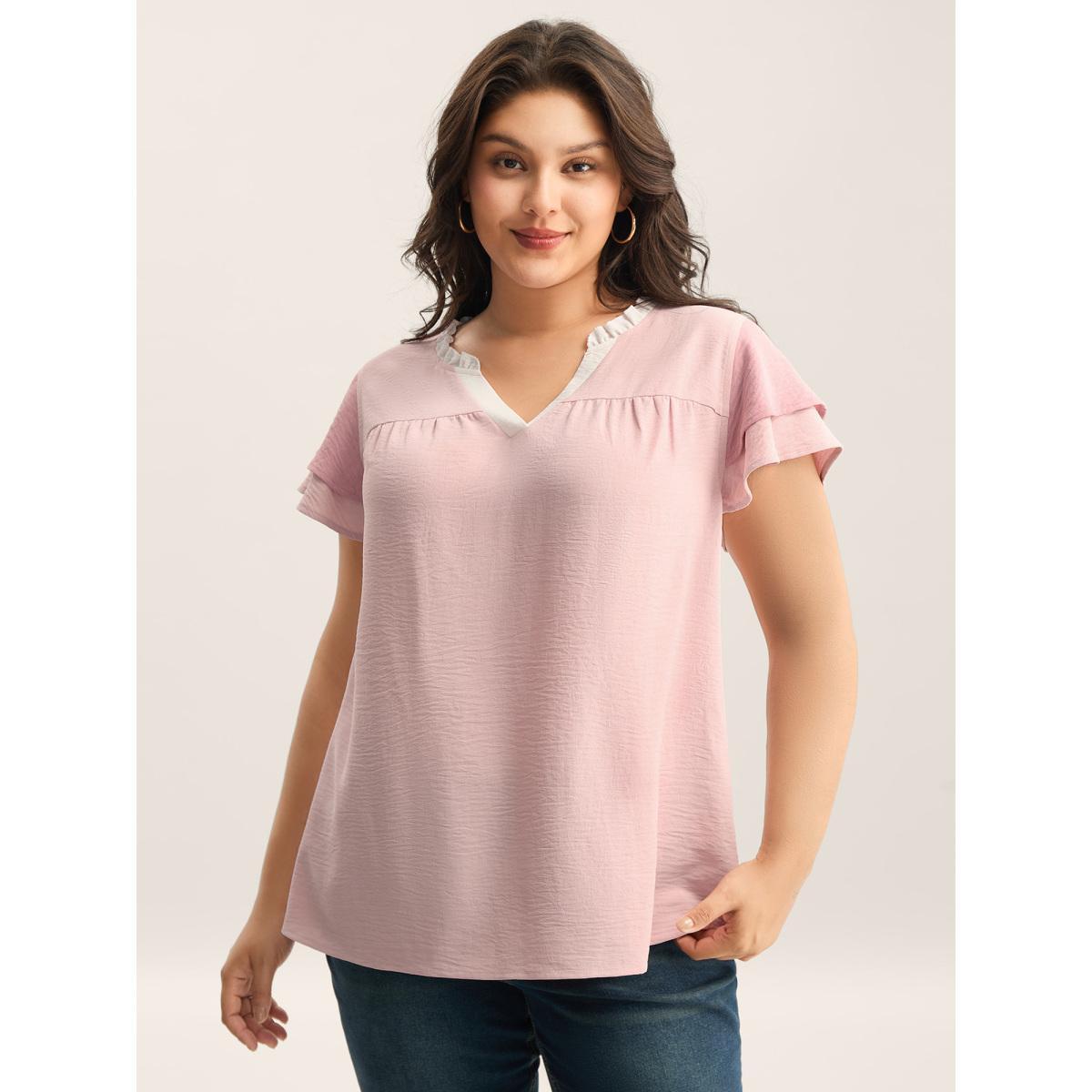 Plus Size Nudepink Color Contrast Ruffled Notched Collar Blouse Women Short sleeve Notched collar Everyday-Elegant Blouses BloomChic 12/L Product Image