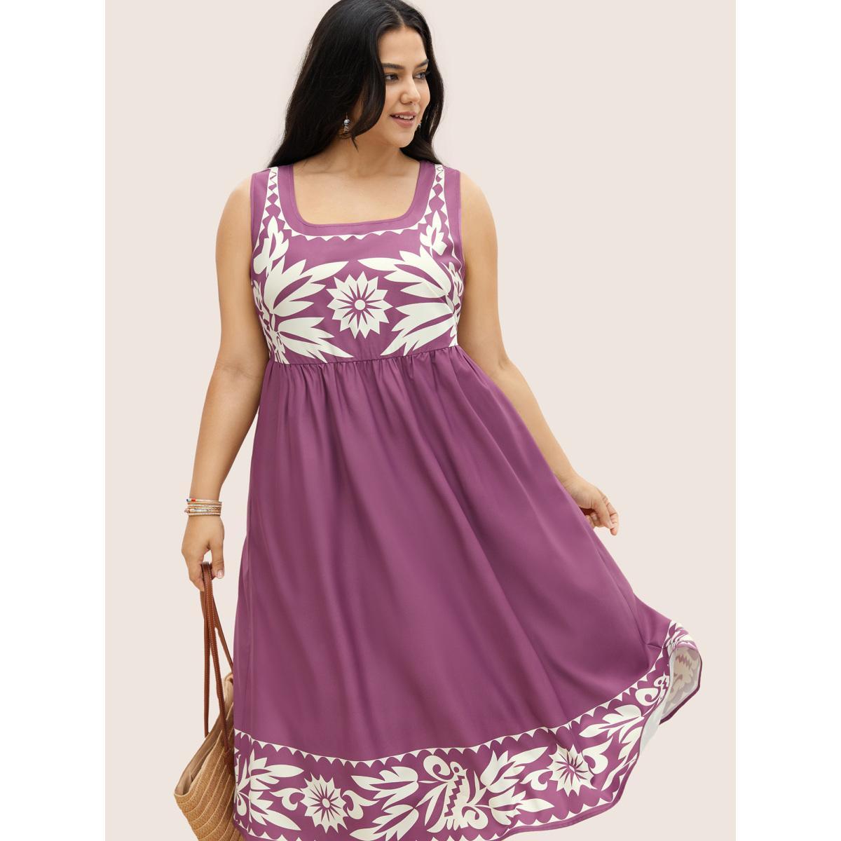Plus Size Boho Print Square Neck Elastic Waist Tank Dress Purple Women Resort Gathered Round Neck Sleeveless Curvy Midi Dress BloomChic 12/L Product Image