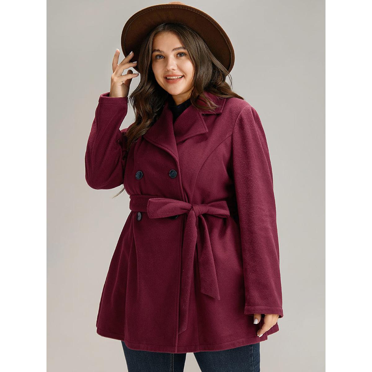 Plus Size Plain Button Up Belted Lapel Collar Coat Women Burgundy Casual Plain Ladies Dailywear Winter Coats BloomChic 12/L Product Image