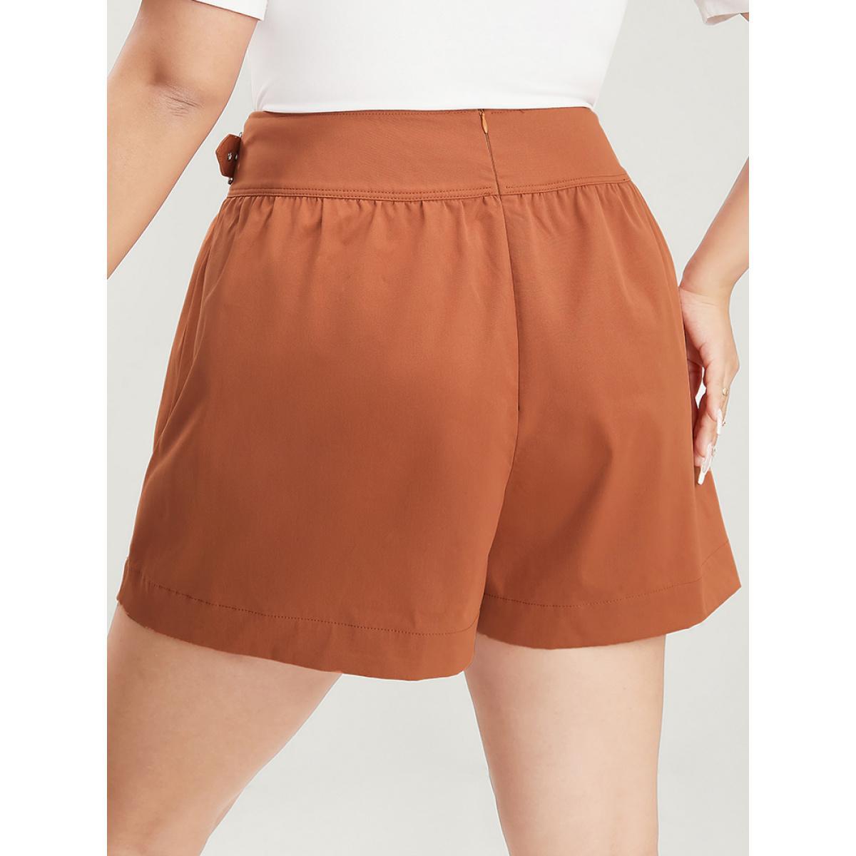 Plus Size Solid Buckle Detail Zipper Back Shorts Women Rust Office Plain Loose Dailywear Shorts BloomChic 10/M Product Image