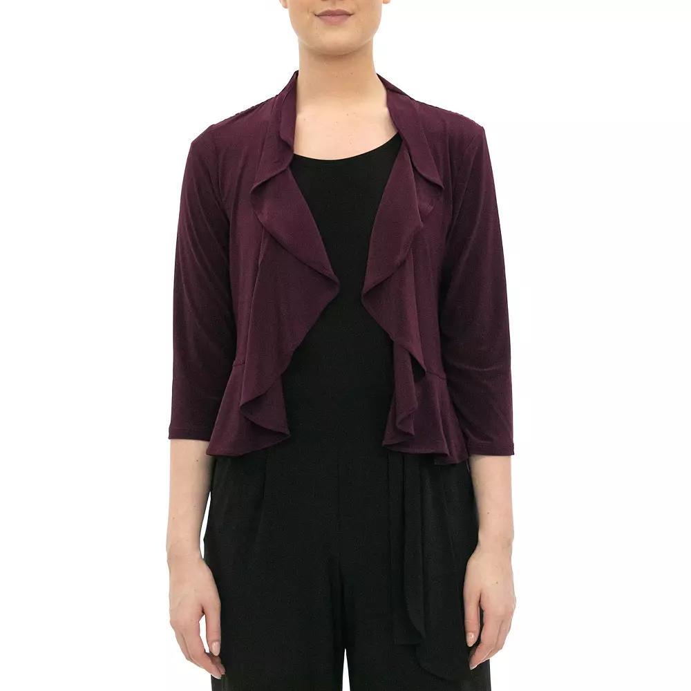 Women's Nina Leonard Ruffle Open-Front Cardigan, Size: Small, Black Plum Product Image