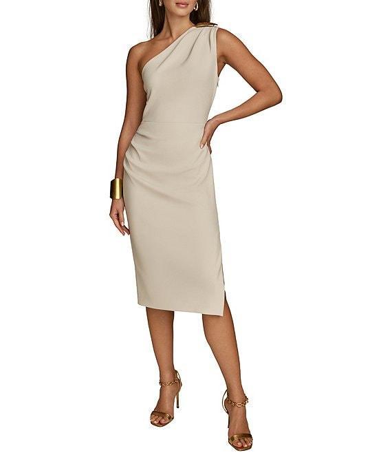 Donna Karan Asymmetrical Neck One Shoulder Gold Broach Midi Sheath Dress Product Image