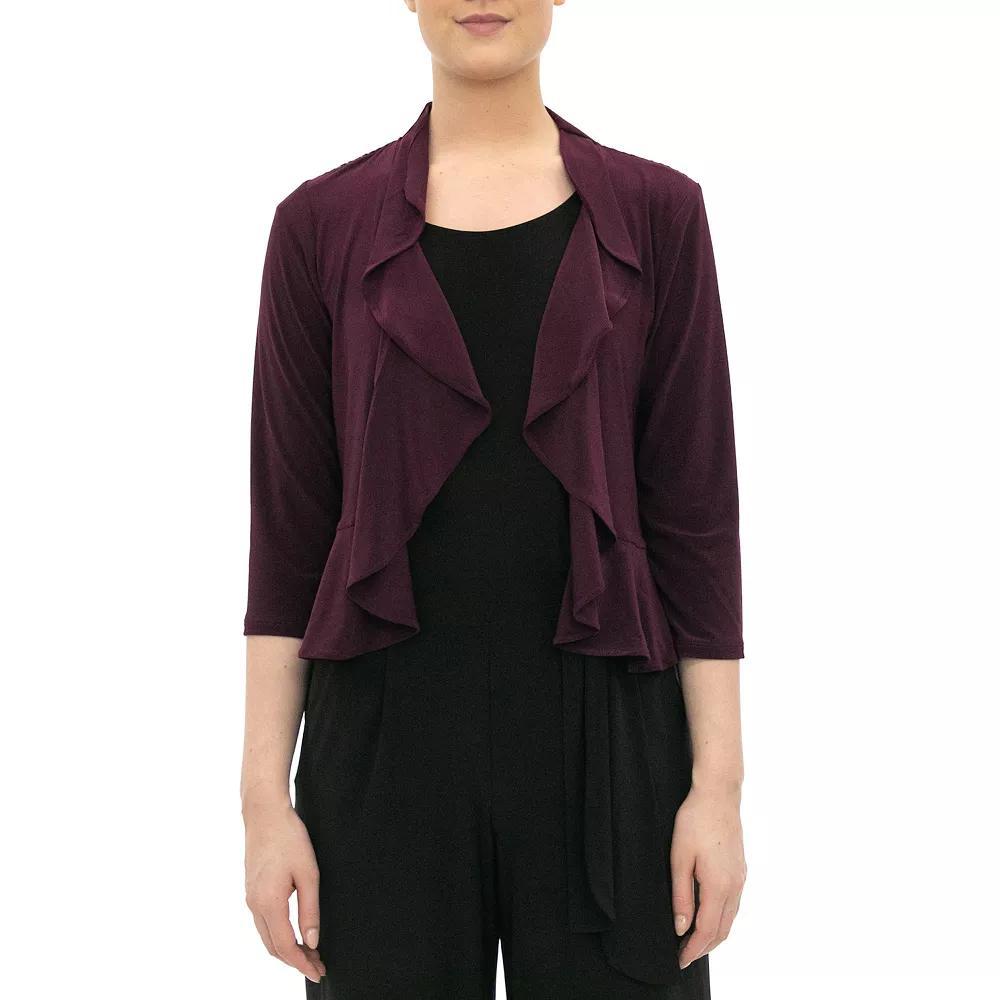 Women's Nina Leonard Ruffle Open-Front Cardigan, Size: Small, Black Plum Product Image