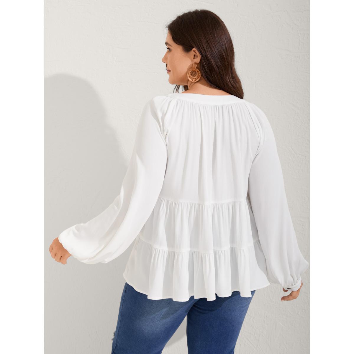 Plus Size Originalwhite Tiered Button Placket Puffy Sleeve Blouse Women Extra Long Sleeve Round Neck Vacation Blouses BloomChic 22-24/3X Product Image