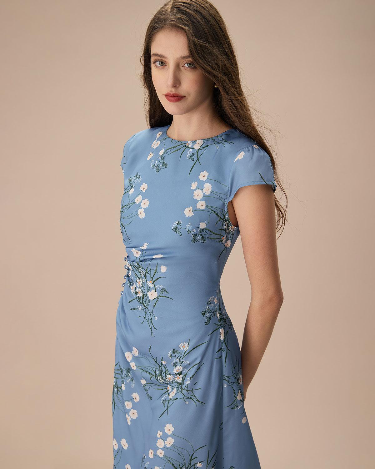The Blue Round Neck Slit Floral Midi Dress Product Image