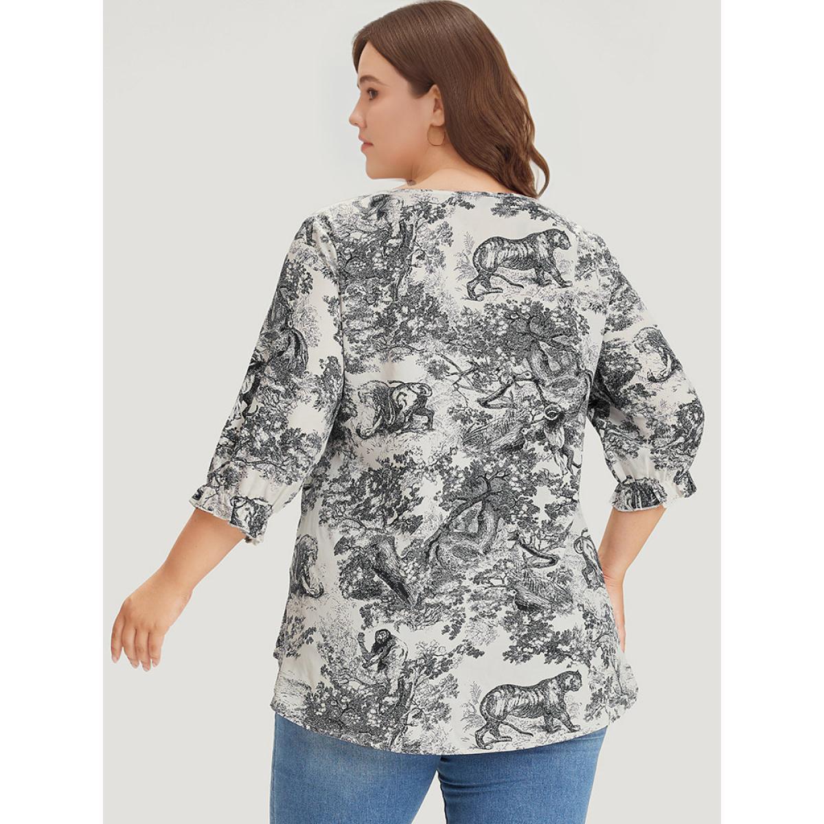 Plus Size Black Print Knot Neck Lantern Sleeve Ruffle Hem Blouse Women Vacation Half Sleeve V-neck Dailywear Blouses BloomChic 22-24/3X Product Image