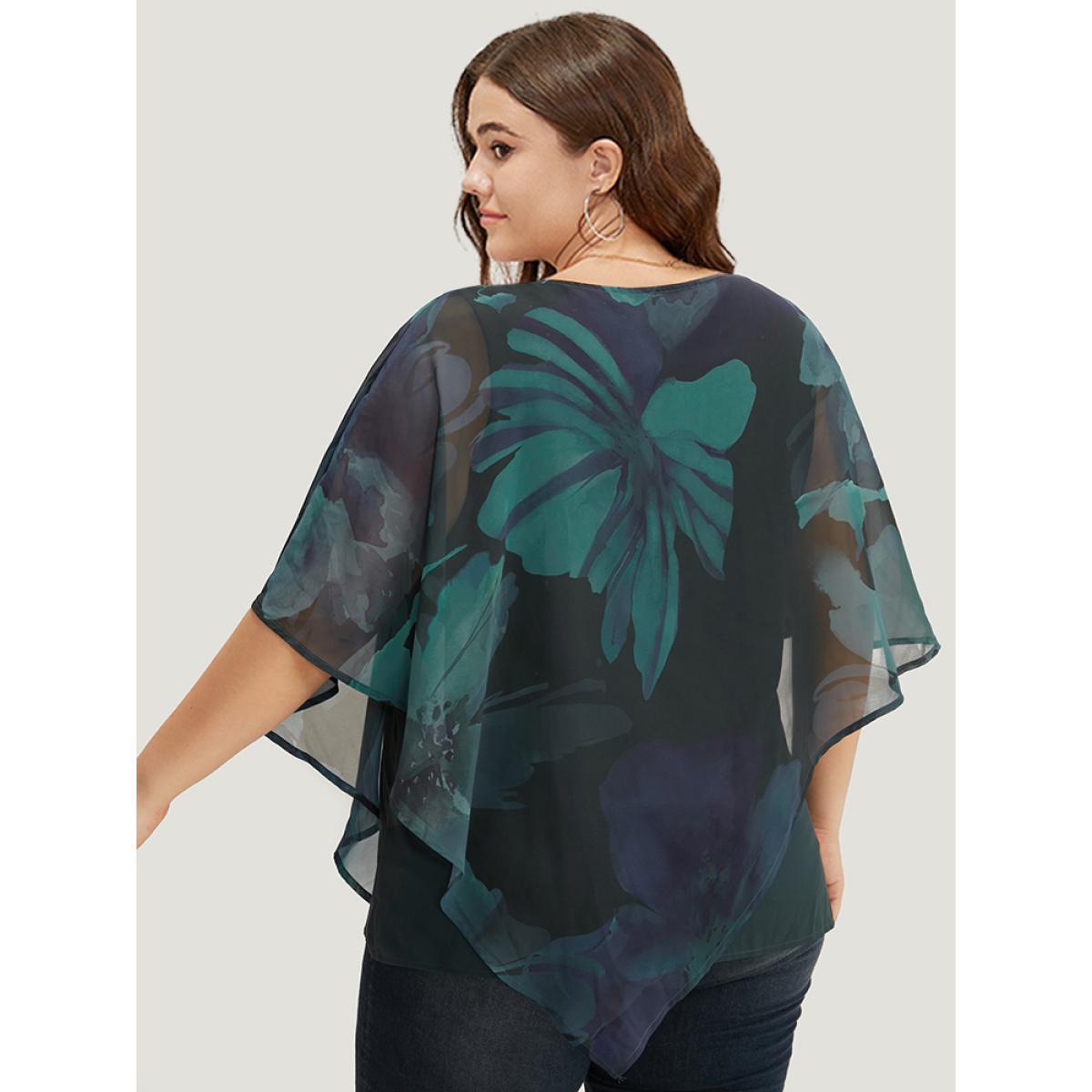Plus Size Aegean Floral Mesh Asymmetrical Dolman Sleeve Blouse Women Glamour Short sleeve Round Neck Going out Blouses BloomChic 14-16/1X Product Image