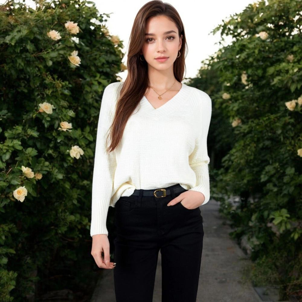Anna-Kaci Women's Textured Knit Sweater with V-Neckline and Ribbed Sleeves - Small, White Product Image
