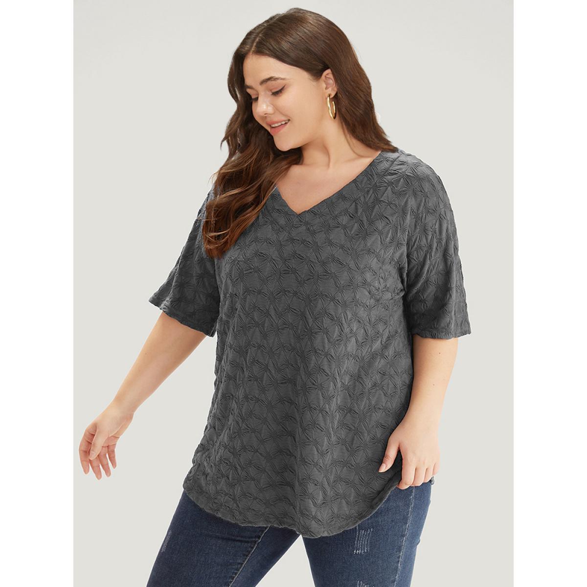 Plus Size Plain Textured V Neck Half Sleeve T-shirt Gray Women Elegant Texture Plain V-neck Dailywear T-shirts BloomChic 28/5X Product Image