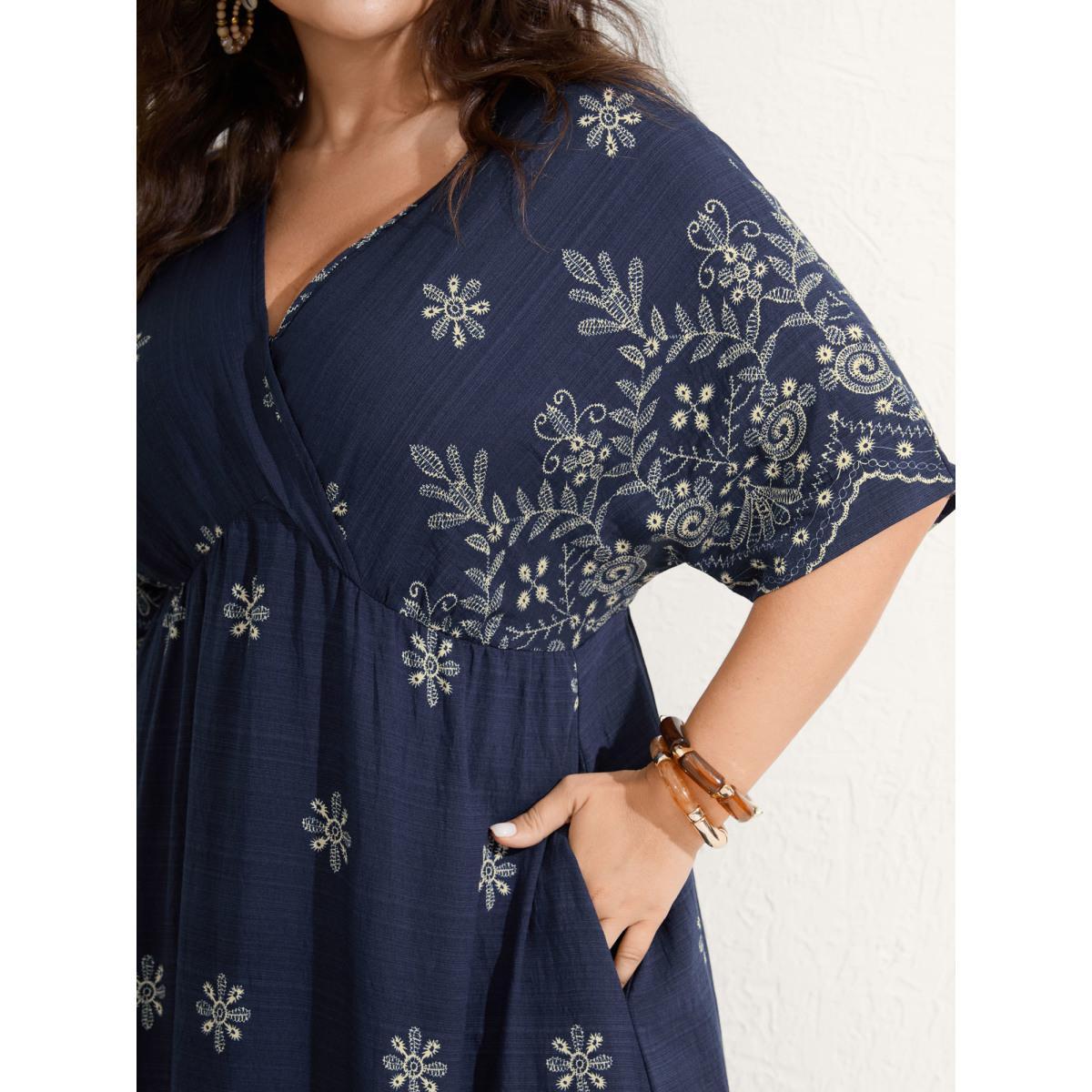Plus Size Surplice Neck Split Side Pockets Midi Dress Midnight Women Overlapping Overlap Collar Half Sleeve Curvy BloomChic 12/L Product Image
