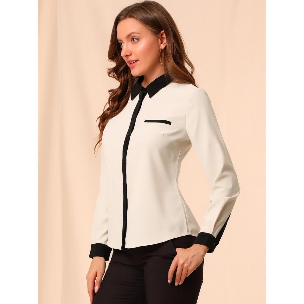INSPIRE CHIC Women's Contrast Collar Chiffon Long Sleeve Work Office Blouse Product Image