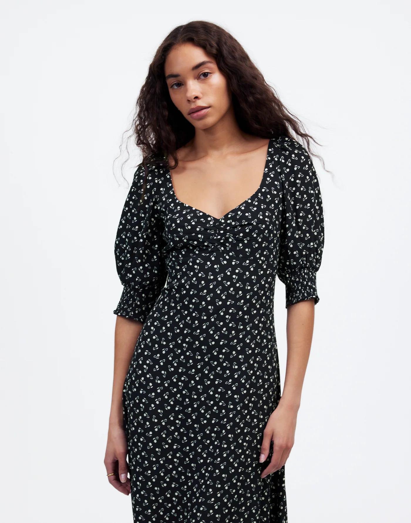 Ruched Scoopneck Side Slit Midi Dress in Floral Product Image